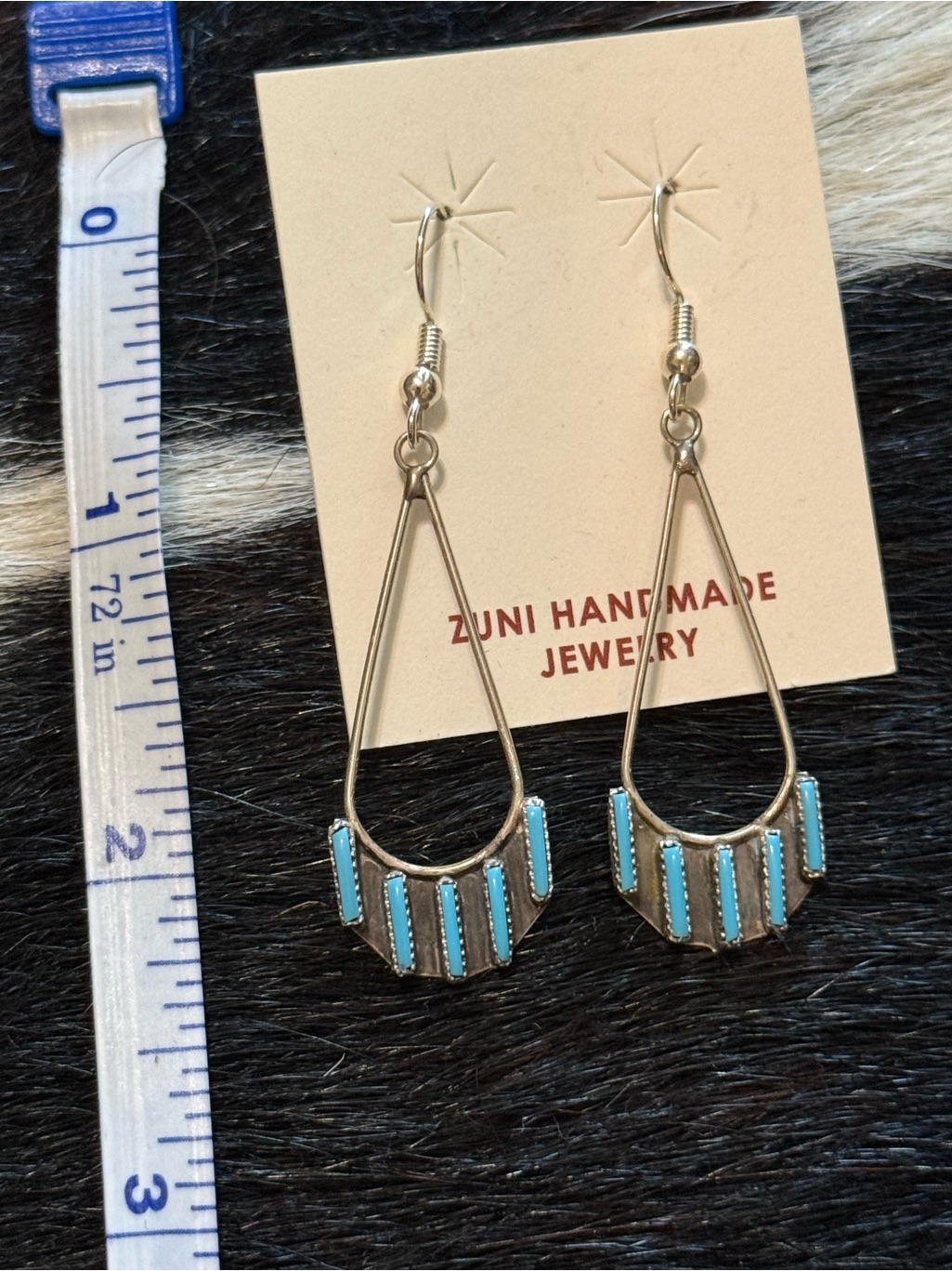 Zuni Handmade Turquoise Inlay Teardrop Earrings - Native American
